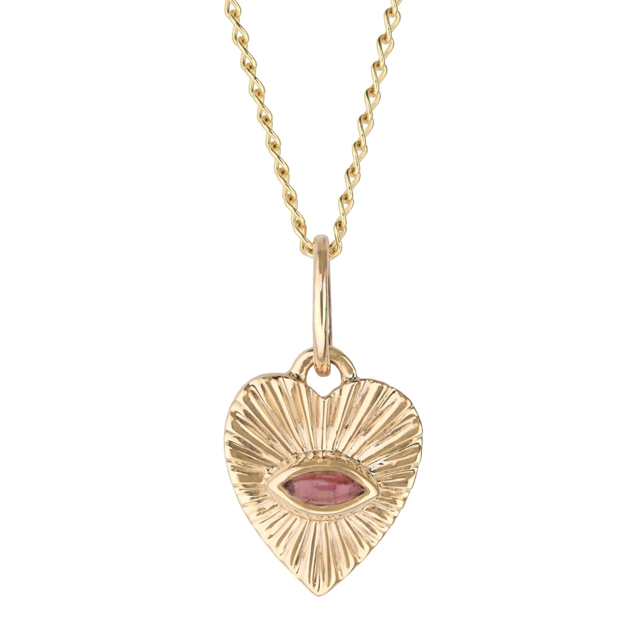 10K Gold Mini Textured Heart Pendant with Pink Tourmaline