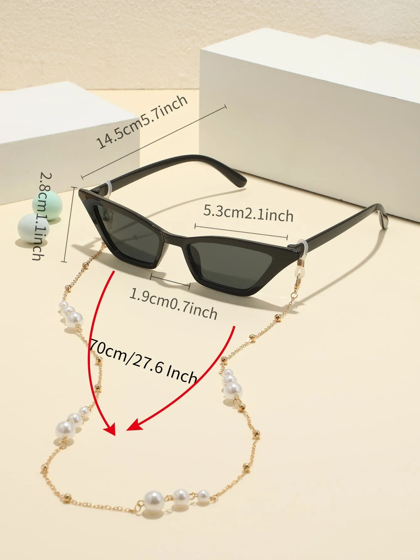 1pair Women Cat Eye Fashionable Sunglasses & 1pc Faux Pearl Decor Glasses Chain For Daily Life