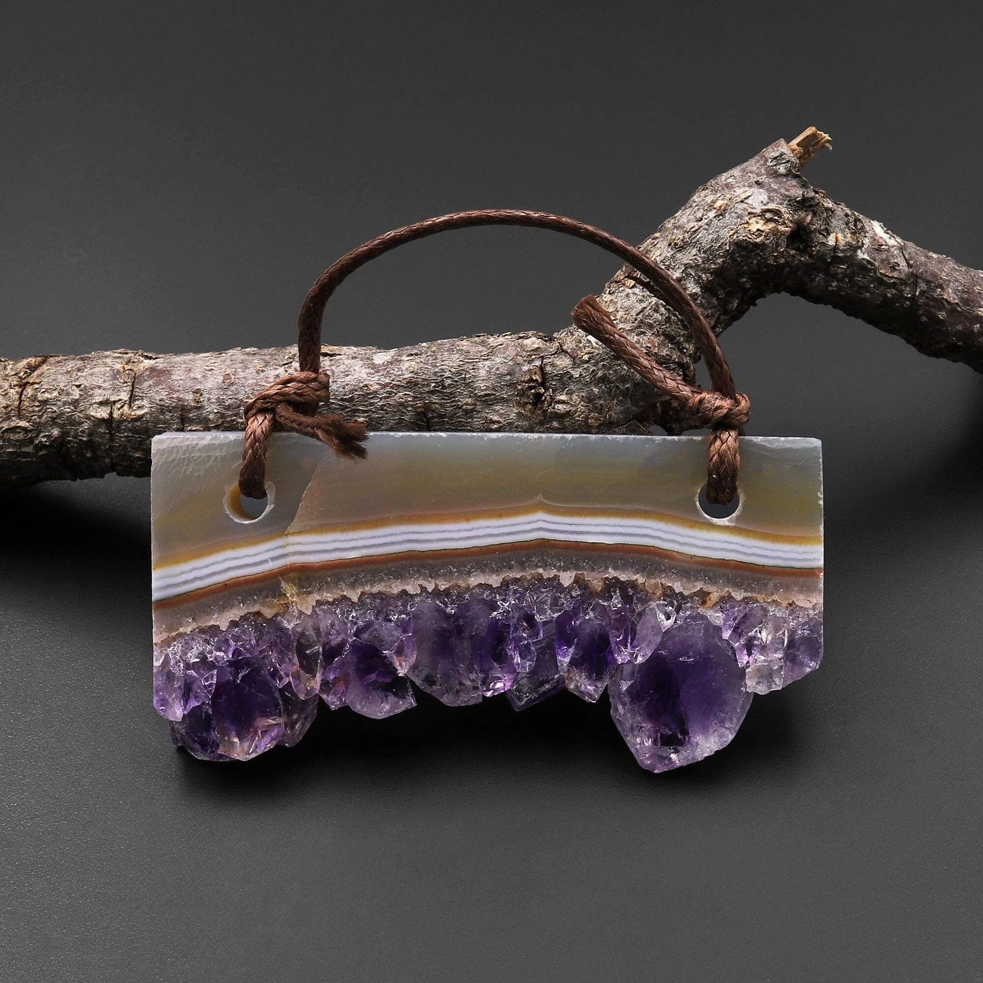 2 Hole Pendant White Ocean Wave Natural Purple Amethyst Stalactite Druzy Pendant Drilled Flat Slice Rectangle