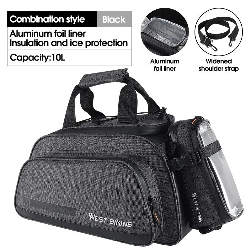 2 in 1 Bicycle Bag 10L Large Capacity Insulated Trunk Bag   1.5L Touch Screen Phone Bag MTB Bike Cycling Pannier