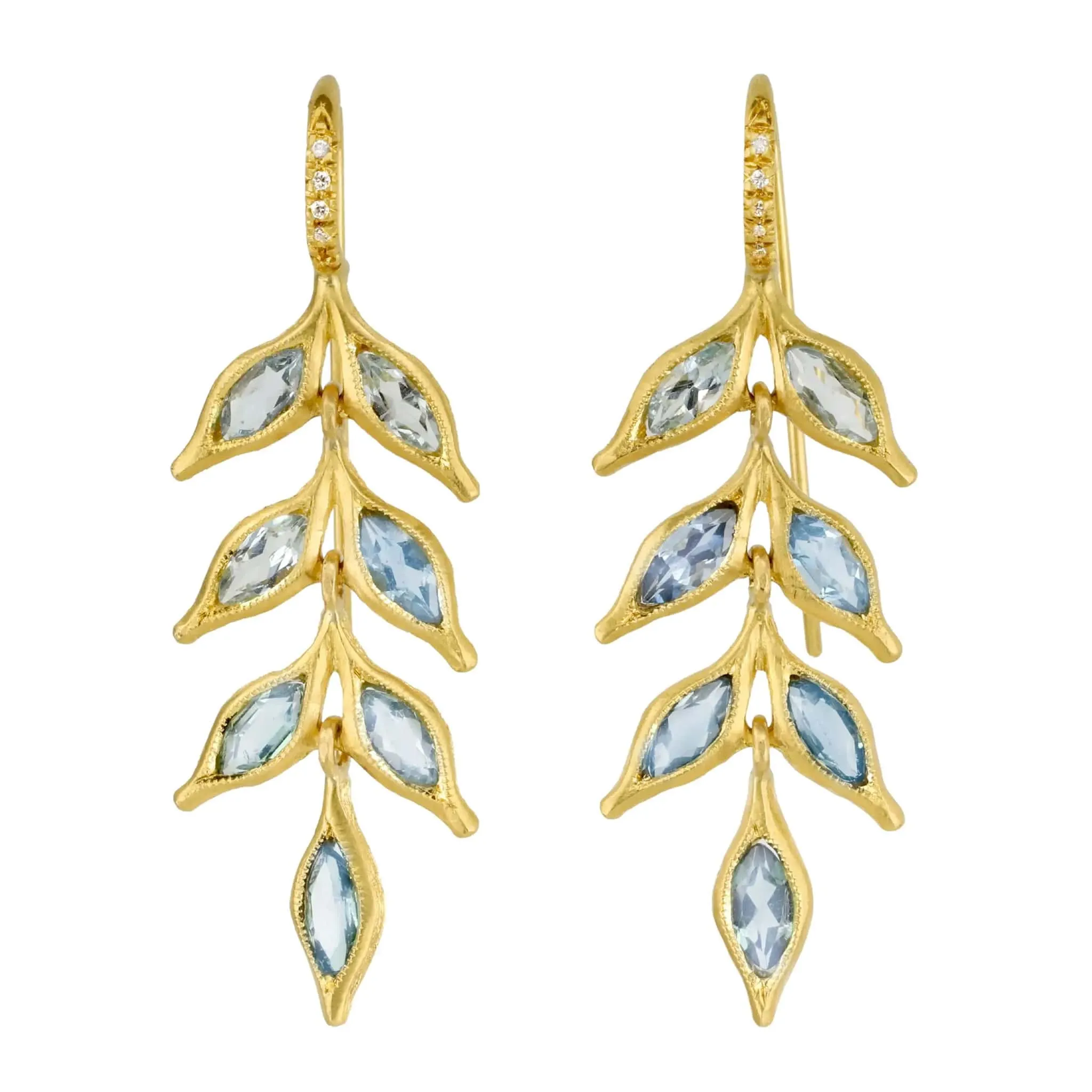 22K Gold Aquamarine Falling Leaf Earrings with White Pave Diamonds