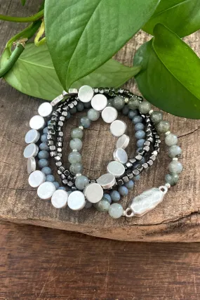 5 piece Boho Beaded Bracelets Stack Semi Precious Metal Glass Beads Silver tone nugget flat beads