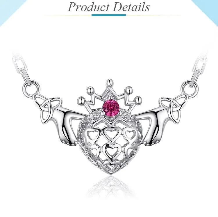 925 Sterling Silver Claddagh Pendant Necklace with Triquetra Chain Pattern & Gemstone