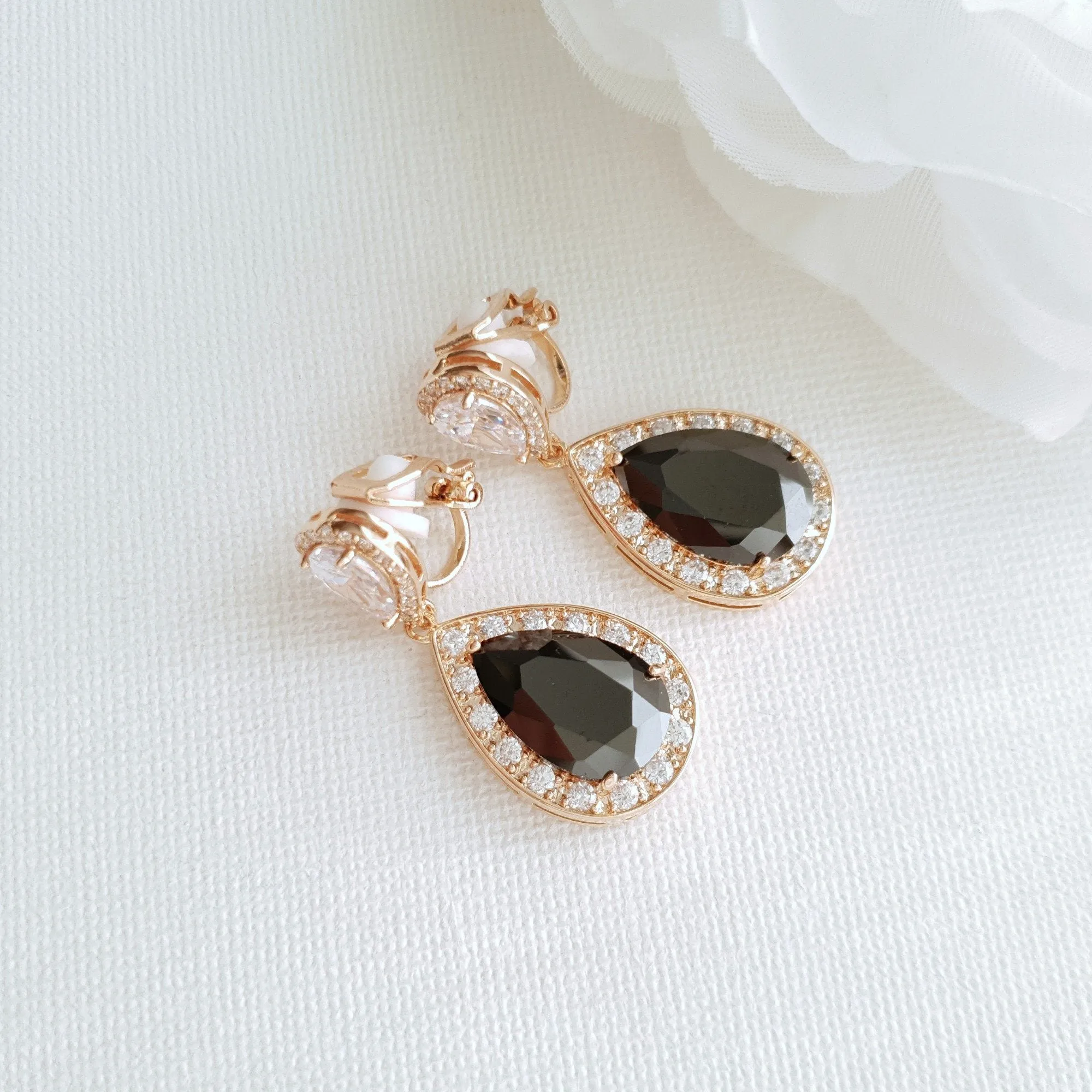 Black Clip On Drop Earrings in Rose Gold-Zoe