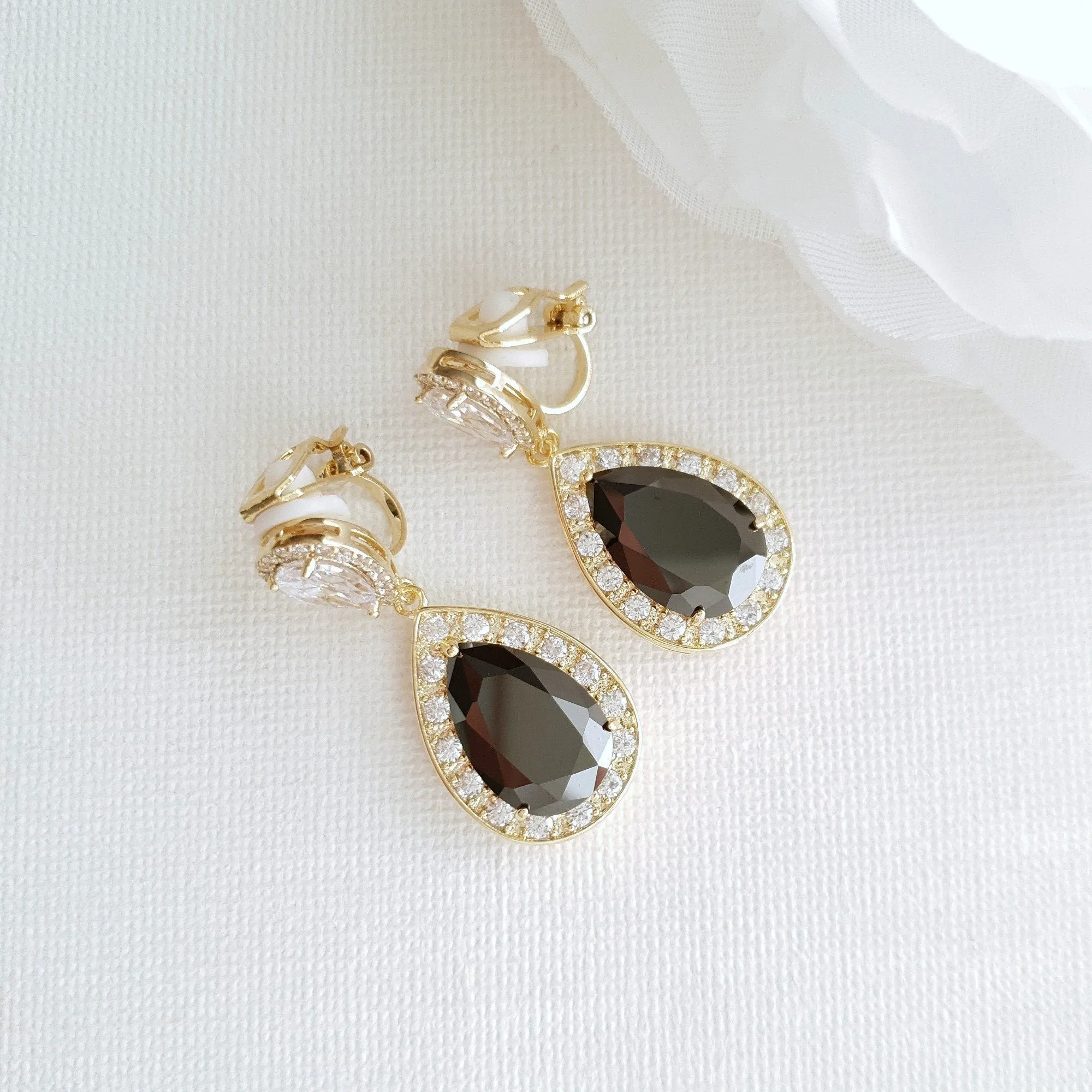 Black Clip On Drop Earrings in Rose Gold-Zoe