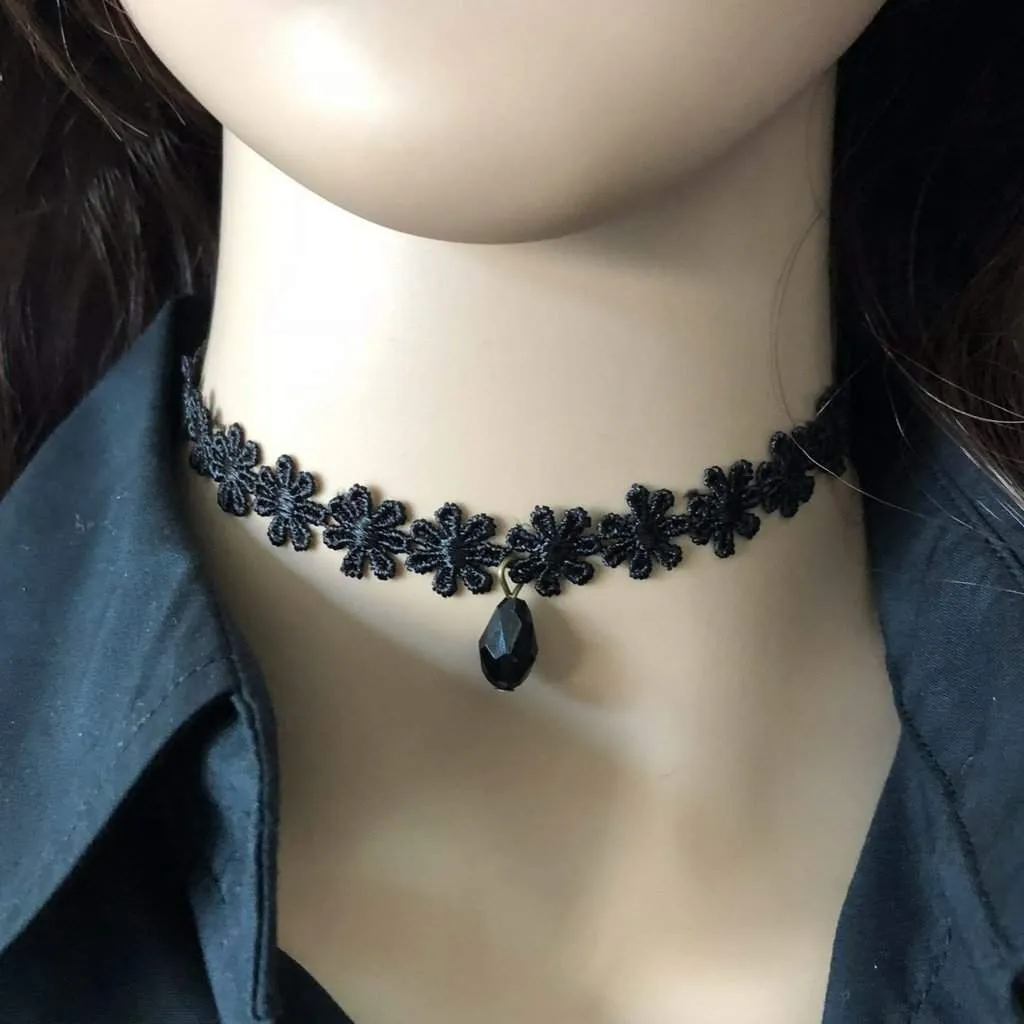 Black Flower Choker with Black Bead Drop