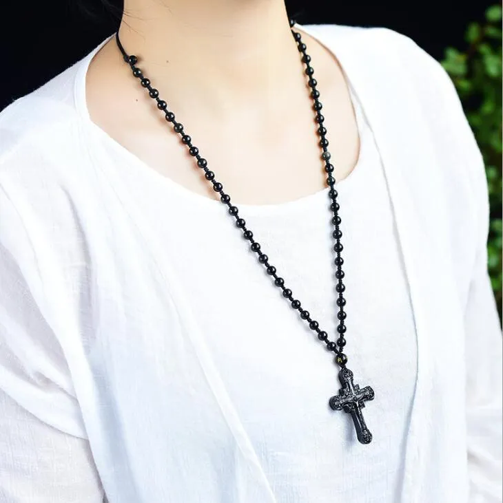 Black Obsidian Crucifix Pendant and Beaded Necklace