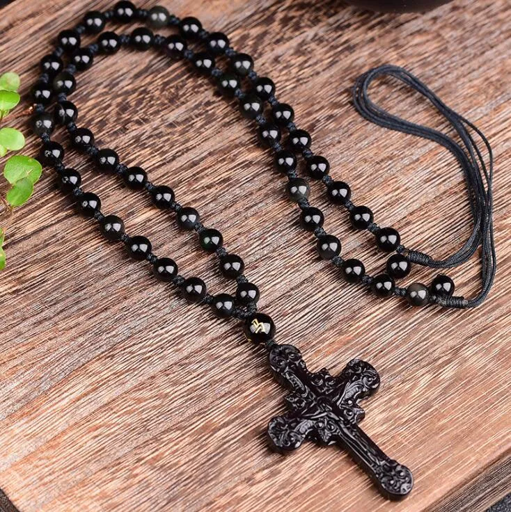 Black Obsidian Crucifix Pendant and Beaded Necklace