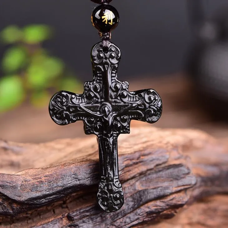 Black Obsidian Crucifix Pendant and Beaded Necklace