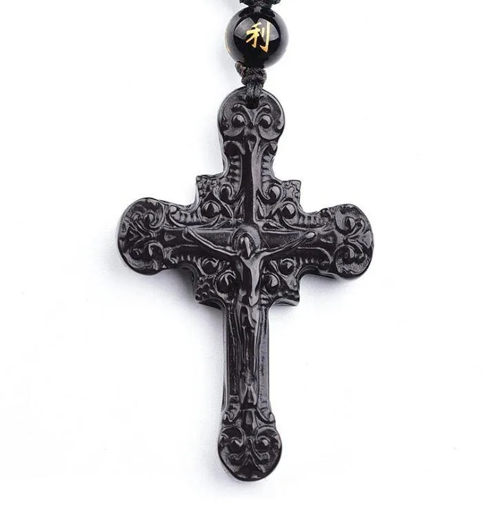 Black Obsidian Crucifix Pendant and Beaded Necklace