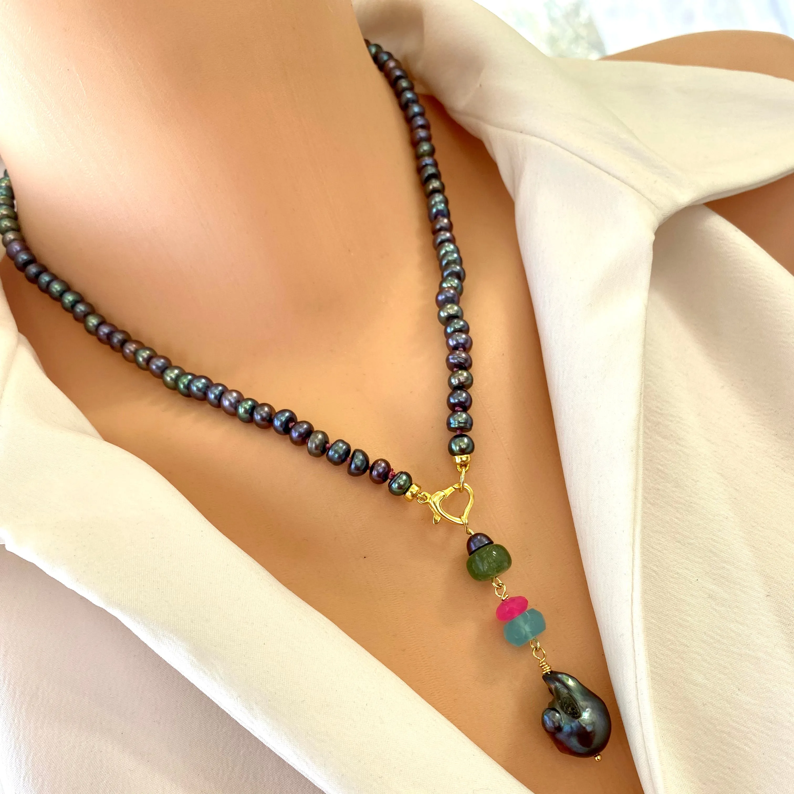 Black Pearl Necklace, Hot Pink Chalcedony, Chrysoprase & Baroque Pearl Removable Pendant, Gold Vermeil Plated Silver, 18in