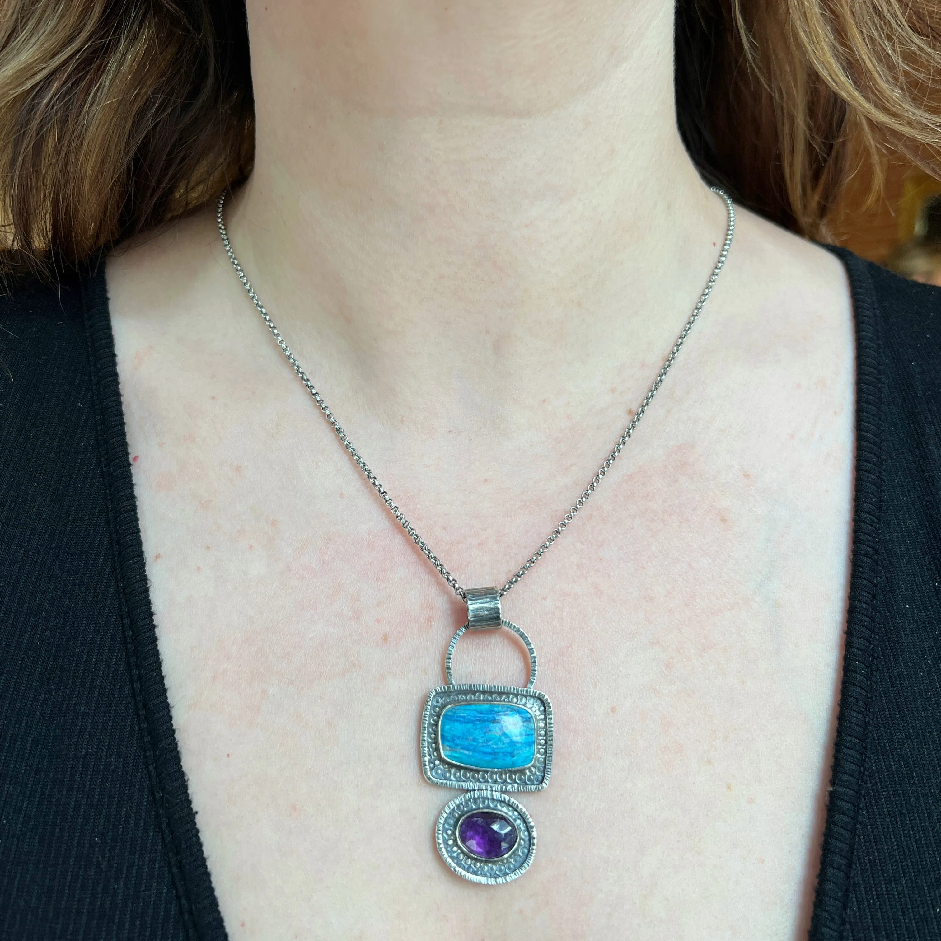 Blue Opalina & Amethyst Pendant