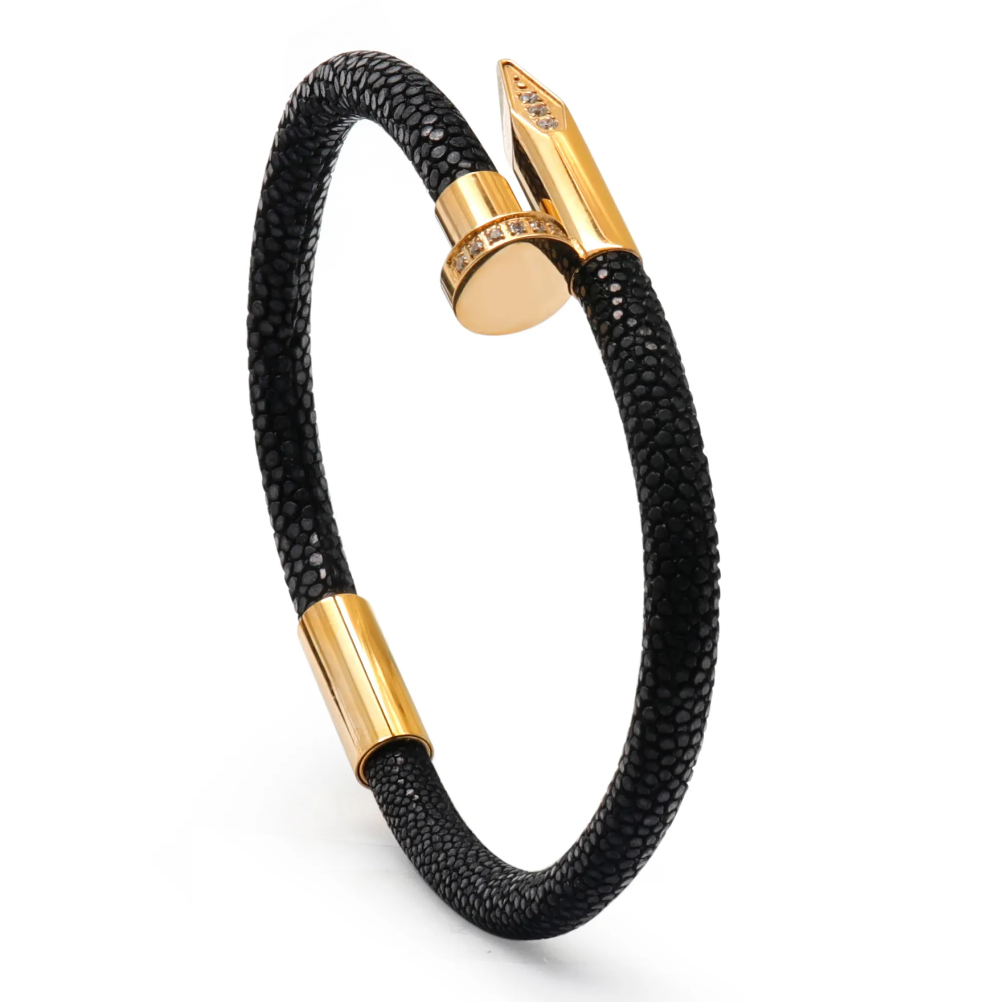 Bracelet - Black Leather with Golden Nail and Zircon Diamond