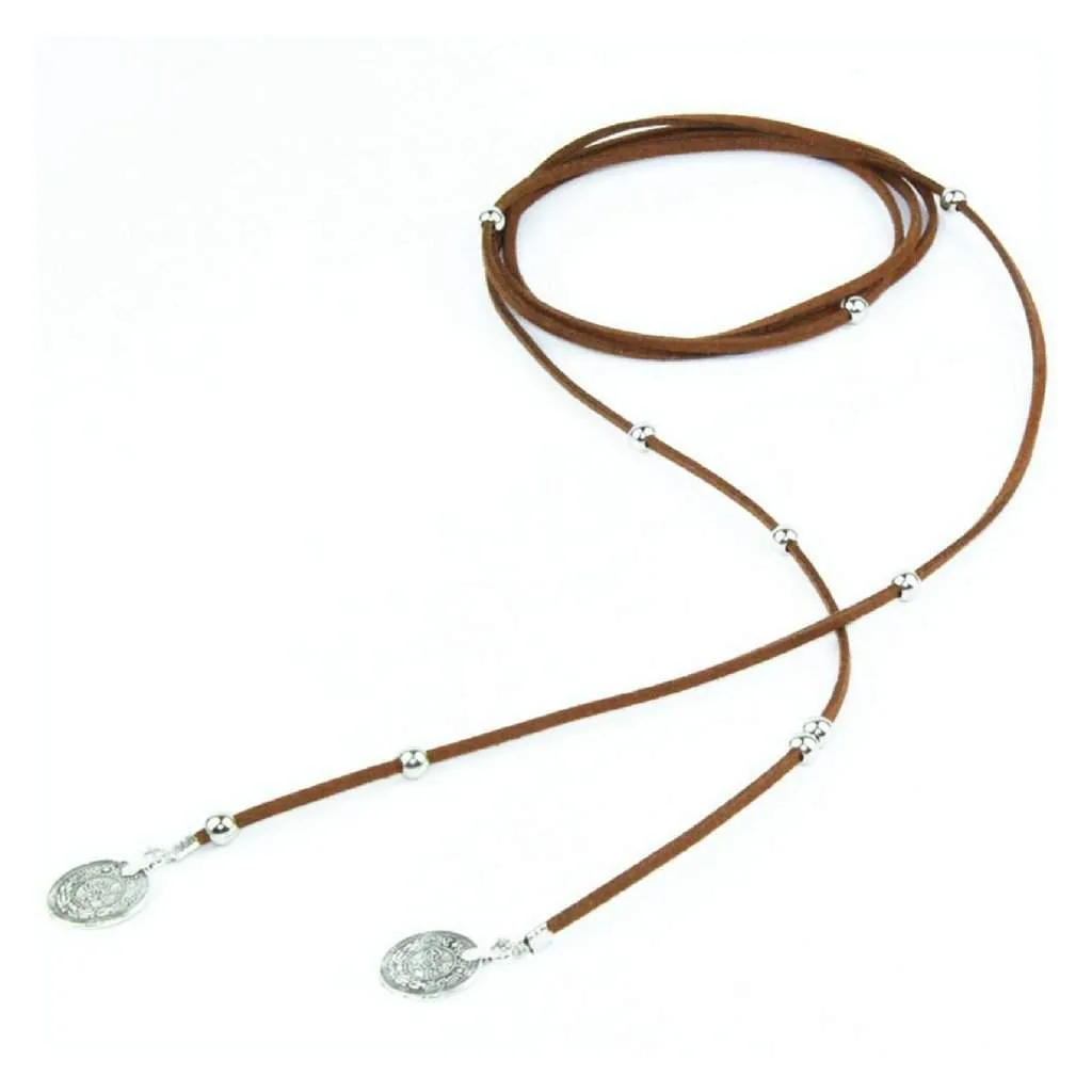 Brown Suede Wrap Choker with Silver Beads and Silver Coins