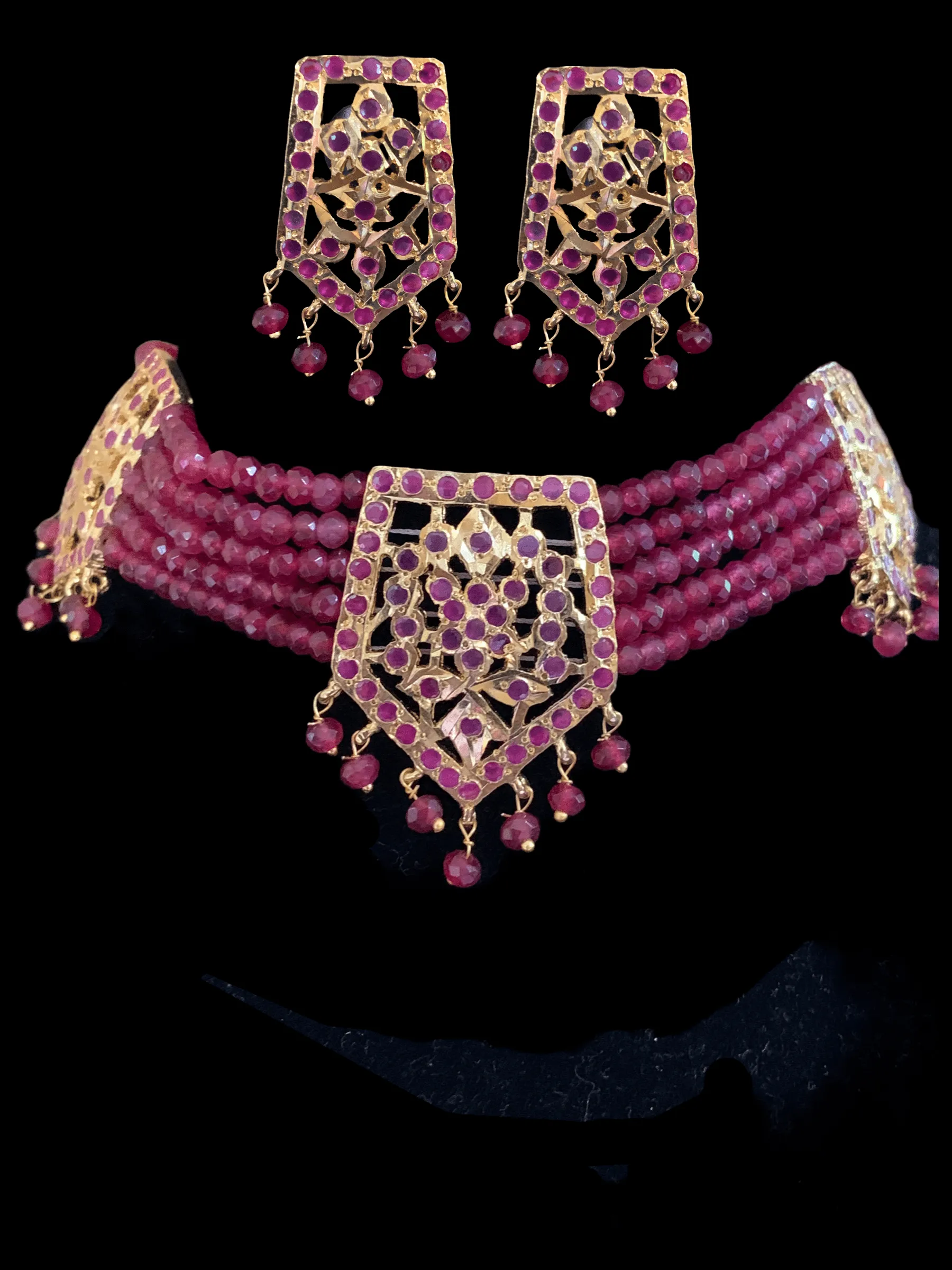 C102  Indu Hyderabadi Jadau choker with earrings In ruby beads ( SHIPS IN 4WEEKS )