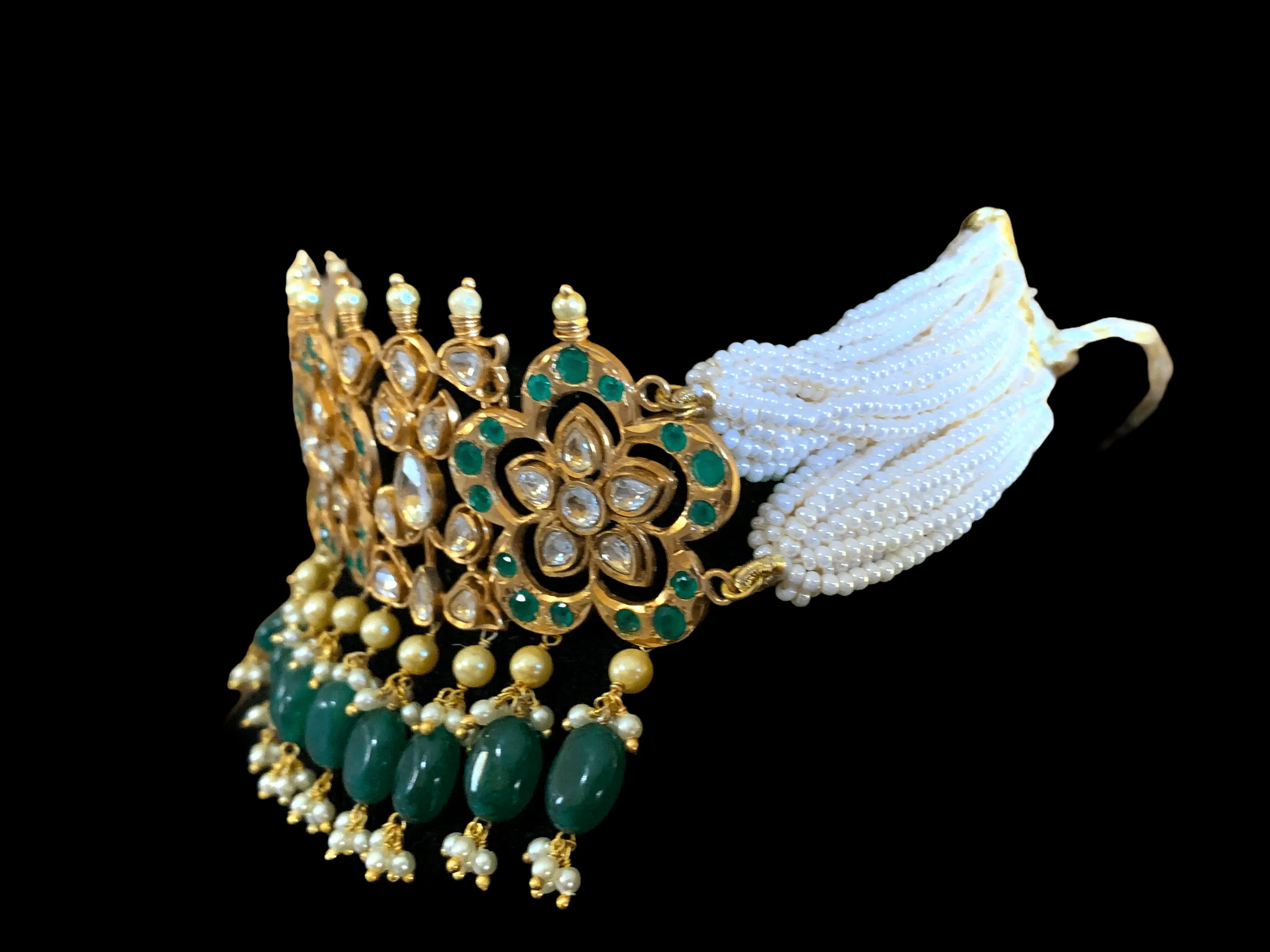 C136 Miraal green gold plated polki choker set ( READY TO SHIP )