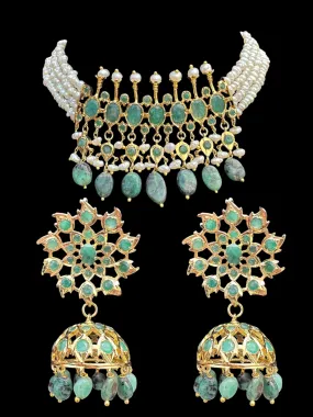 C242 Tirmani in choker style with jhumka  in fresh water pearls and emerald  (SHIPS IN 4 WEEKS  )