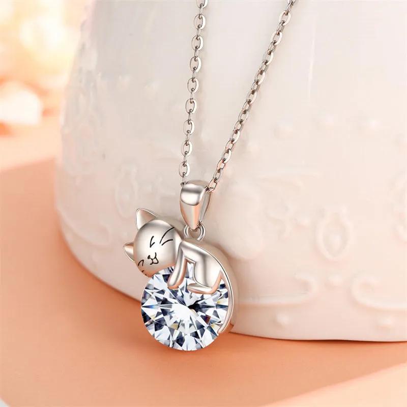 Cat Necklace with Birthstone 925 Sterling Silver Cat Pendant Necklace Gift for Women Daughter Mother