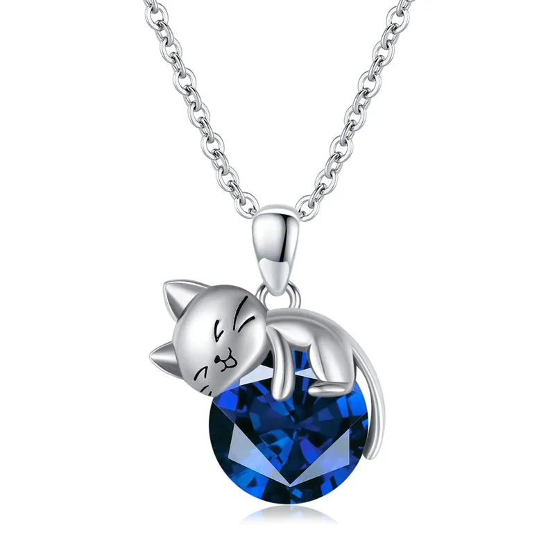 Cat Necklace with Birthstone 925 Sterling Silver Cat Pendant Necklace Gift for Women Daughter Mother