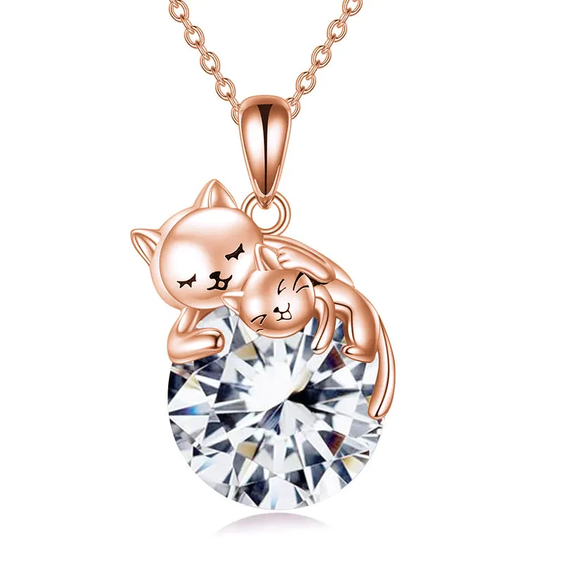 Cat Necklace with Birthstone 925 Sterling Silver Cat Pendant Necklace Gift for Women Daughter Mother