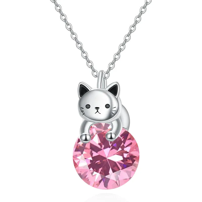 Cat Necklace with Birthstone 925 Sterling Silver Cat Pendant Necklace Gift for Women Daughter Mother