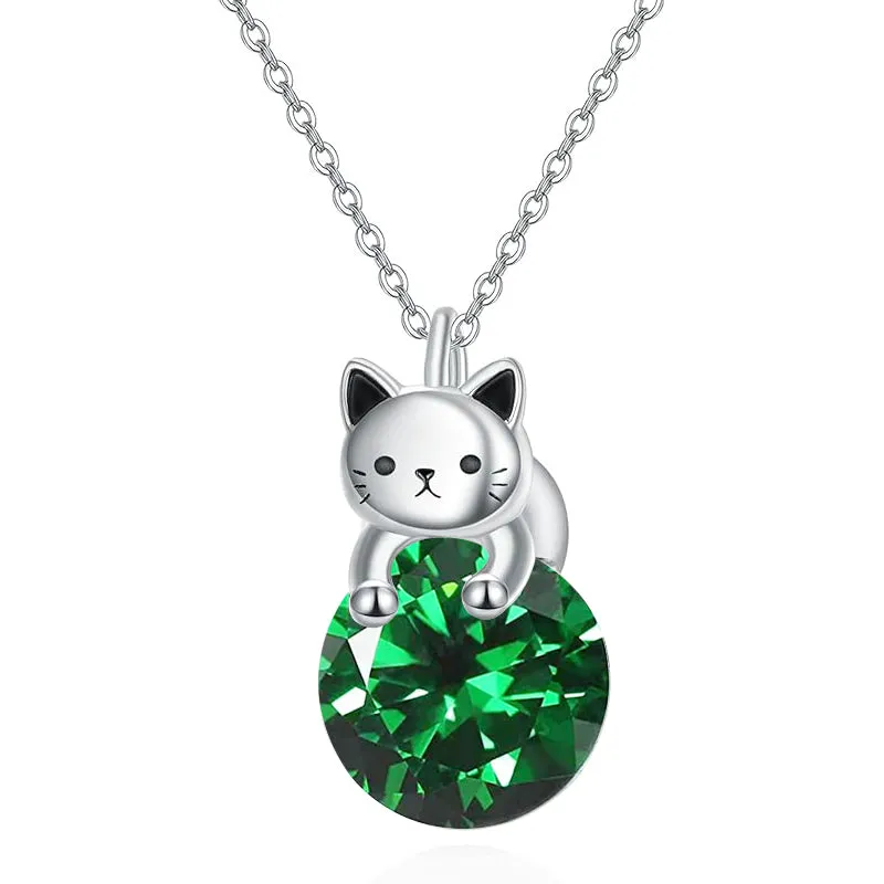 Cat Necklace with Birthstone 925 Sterling Silver Cat Pendant Necklace Gift for Women Daughter Mother