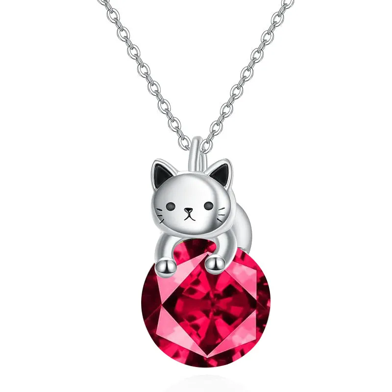 Cat Necklace with Birthstone 925 Sterling Silver Cat Pendant Necklace Gift for Women Daughter Mother