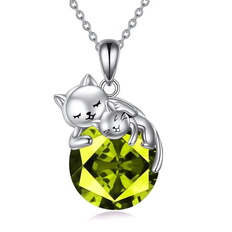 Cat Necklace with Birthstone 925 Sterling Silver Cat Pendant Necklace Gift for Women Daughter Mother