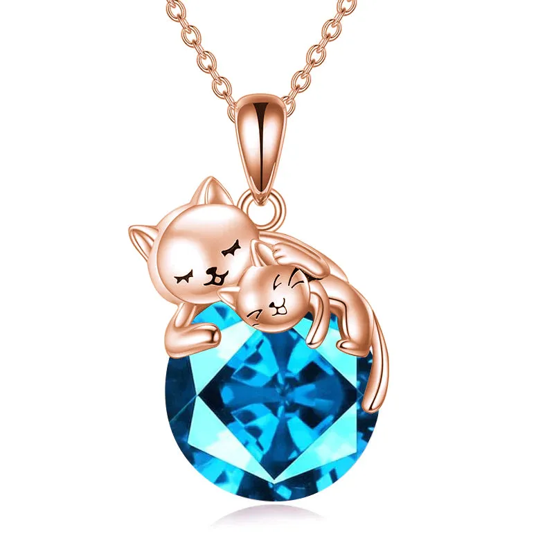 Cat Necklace with Birthstone 925 Sterling Silver Cat Pendant Necklace Gift for Women Daughter Mother