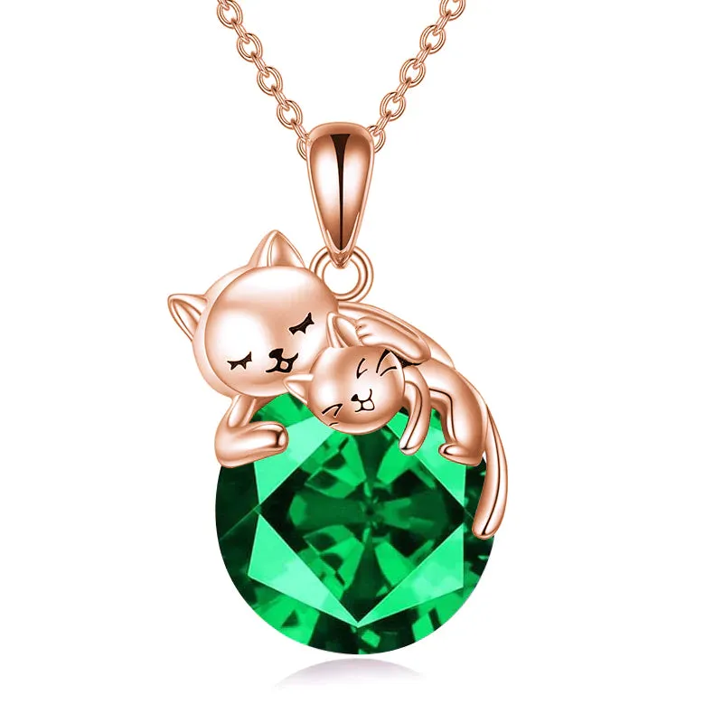 Cat Necklace with Birthstone 925 Sterling Silver Cat Pendant Necklace Gift for Women Daughter Mother