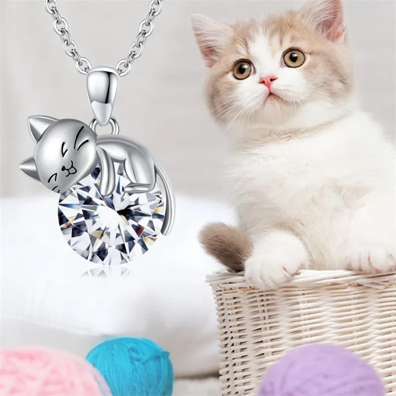 Cat Necklace with Birthstone 925 Sterling Silver Cat Pendant Necklace Gift for Women Daughter Mother