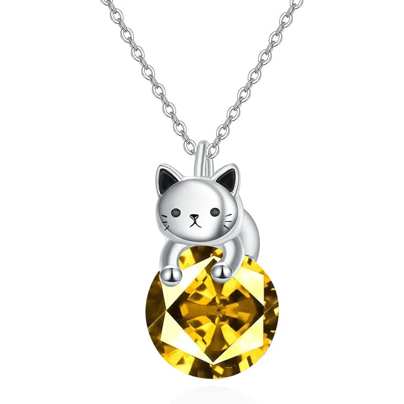 Cat Necklace with Birthstone 925 Sterling Silver Cat Pendant Necklace Gift for Women Daughter Mother