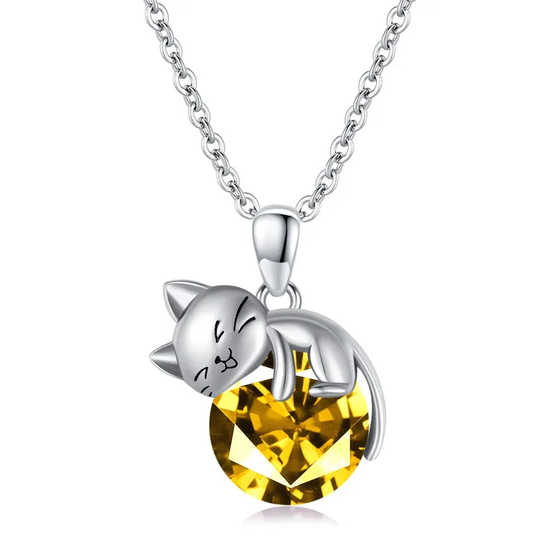 Cat Necklace with Birthstone 925 Sterling Silver Cat Pendant Necklace Gift for Women Daughter Mother