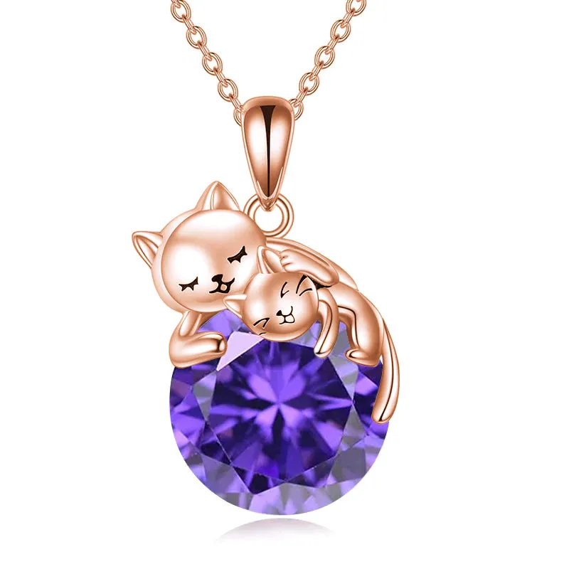 Cat Necklace with Birthstone 925 Sterling Silver Cat Pendant Necklace Gift for Women Daughter Mother