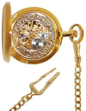 Charles-Hubert 48mm Mechanical Skeleton Pocket Watch - 14k Gold-Plated Brass