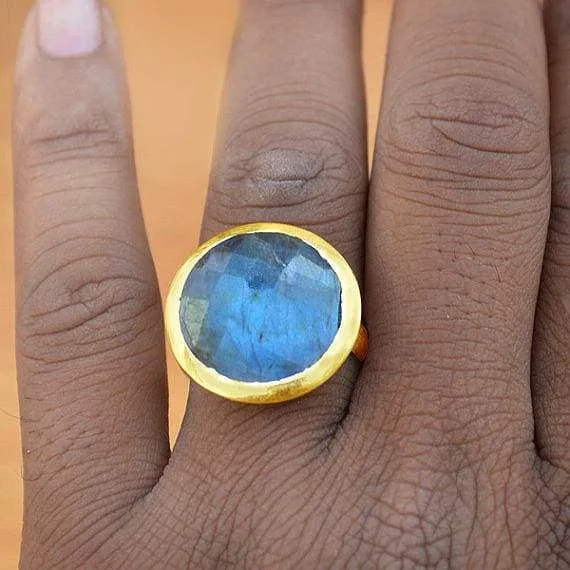 Checker Cut Blue Fire Labradorite gold ring,14k yellow gold ring