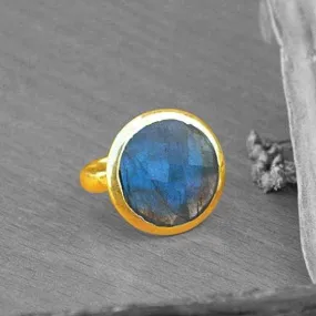 Checker Cut Blue Fire Labradorite gold ring,14k yellow gold ring