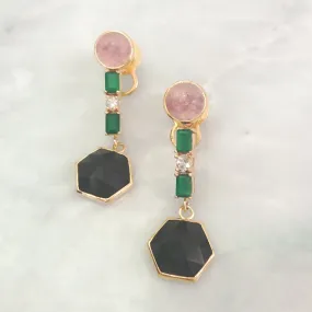 Cherry Quartz  Stud with Green Agate, White Zircon & Black Agate Twinset Earrings