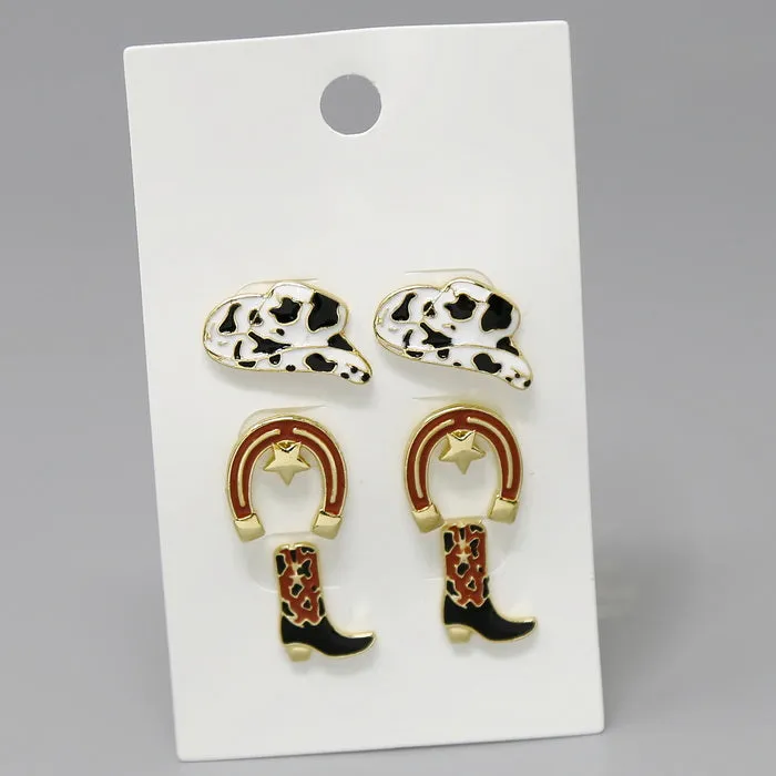 Cowgirl Western Theme Enamel Stud Earring Set