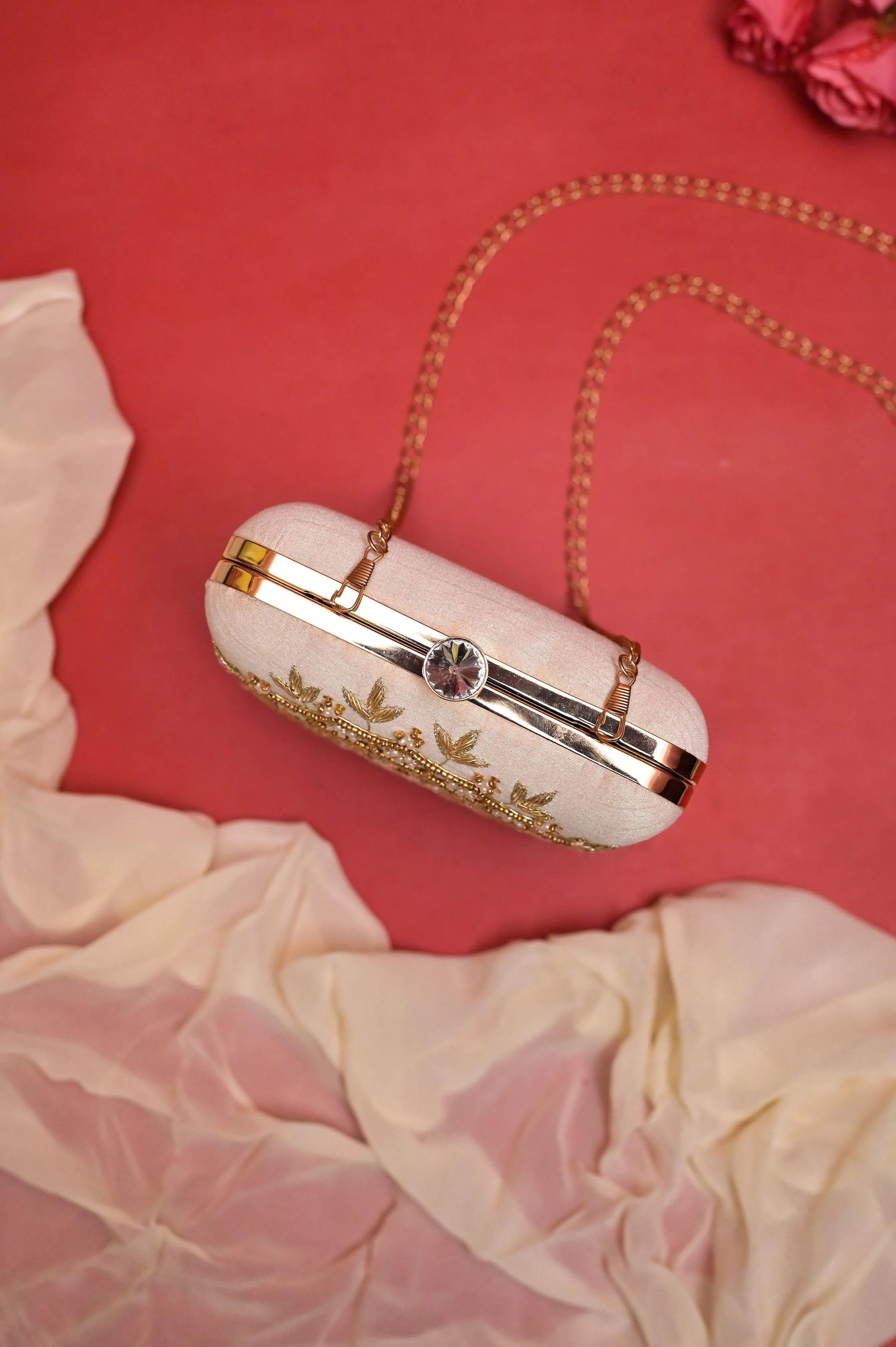 Cream White Color Box Clutch Bag with Zari and Pearl Embroidery