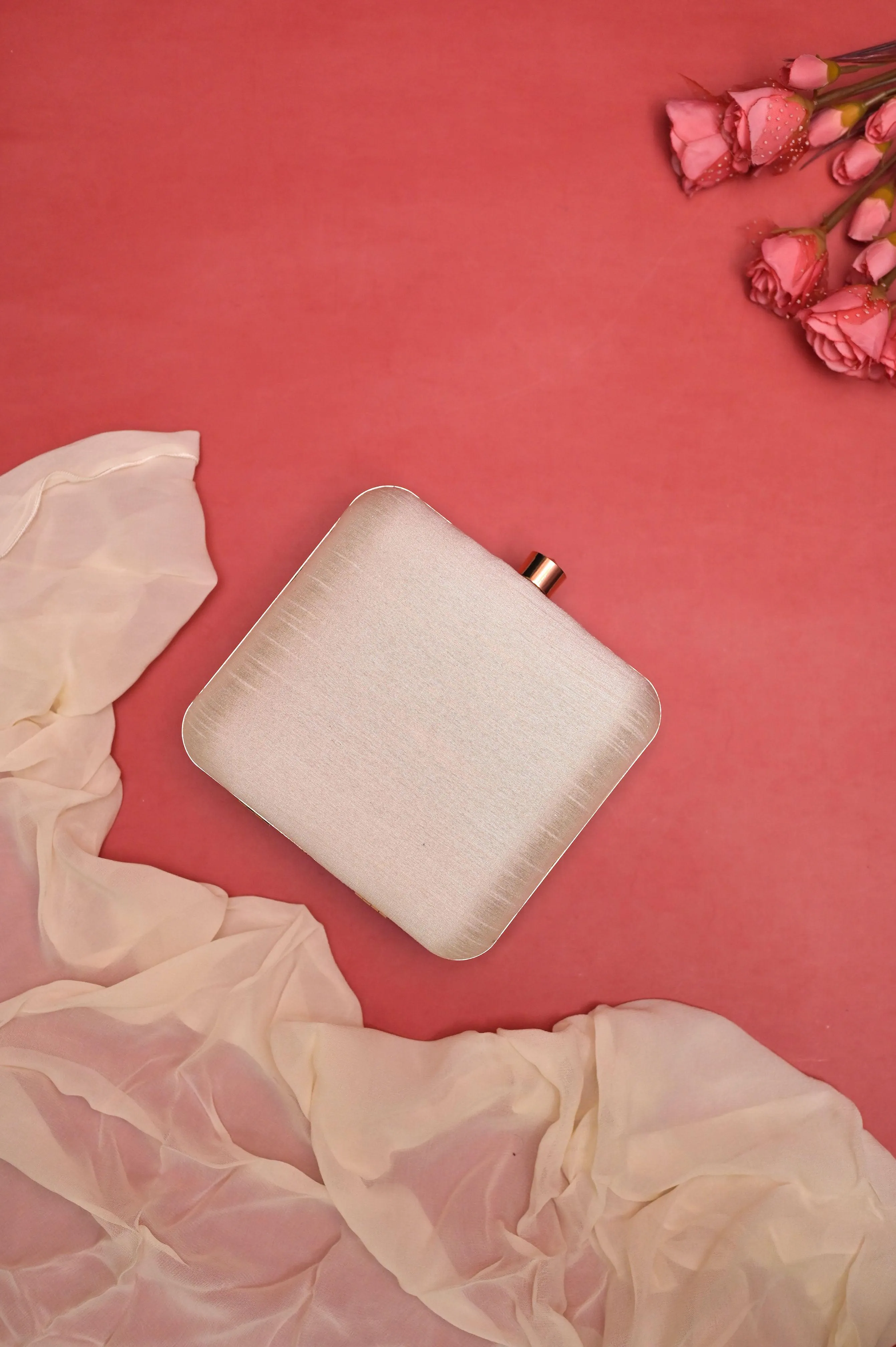 Cream White Color Box Clutch Bag with Zari and Pearl Embroidery