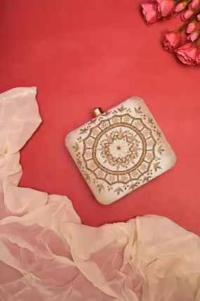 Cream White Color Box Clutch Bag with Zari and Pearl Embroidery