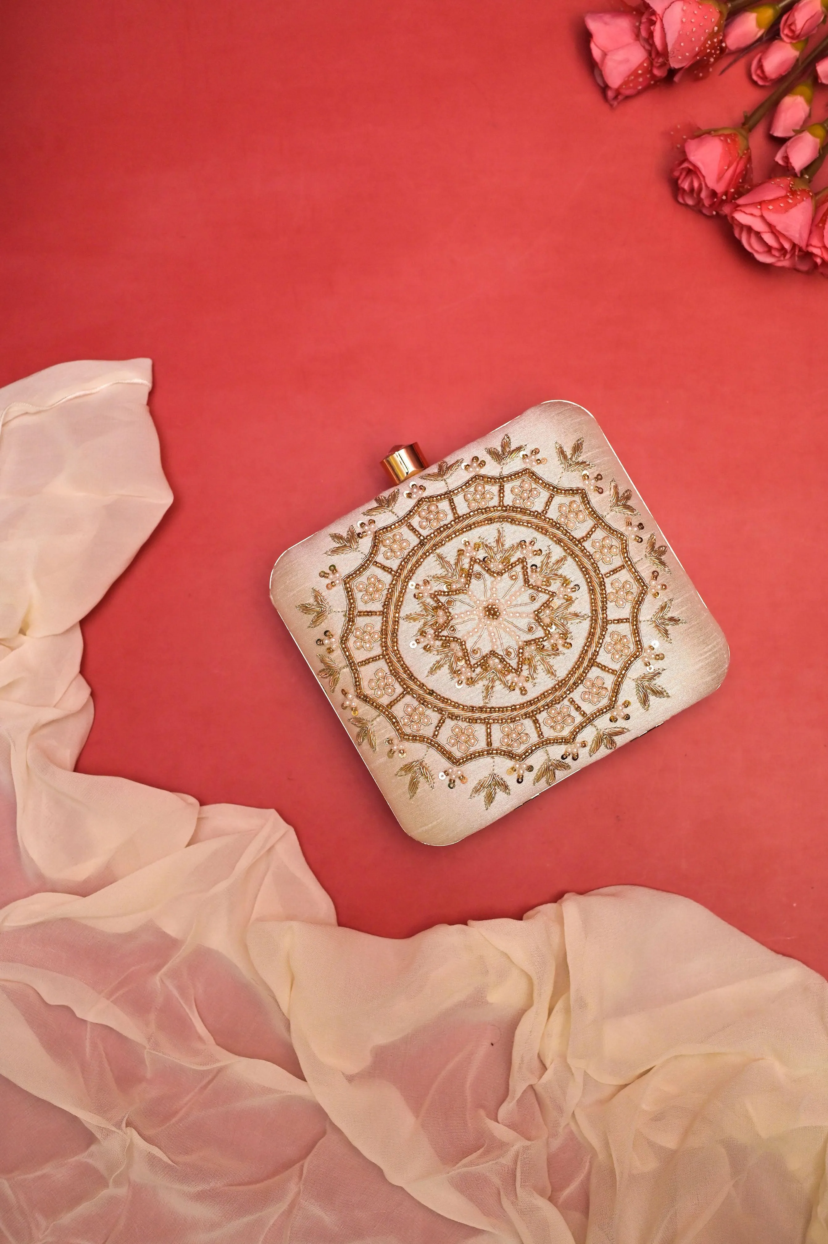 Cream White Color Box Clutch Bag with Zari and Pearl Embroidery