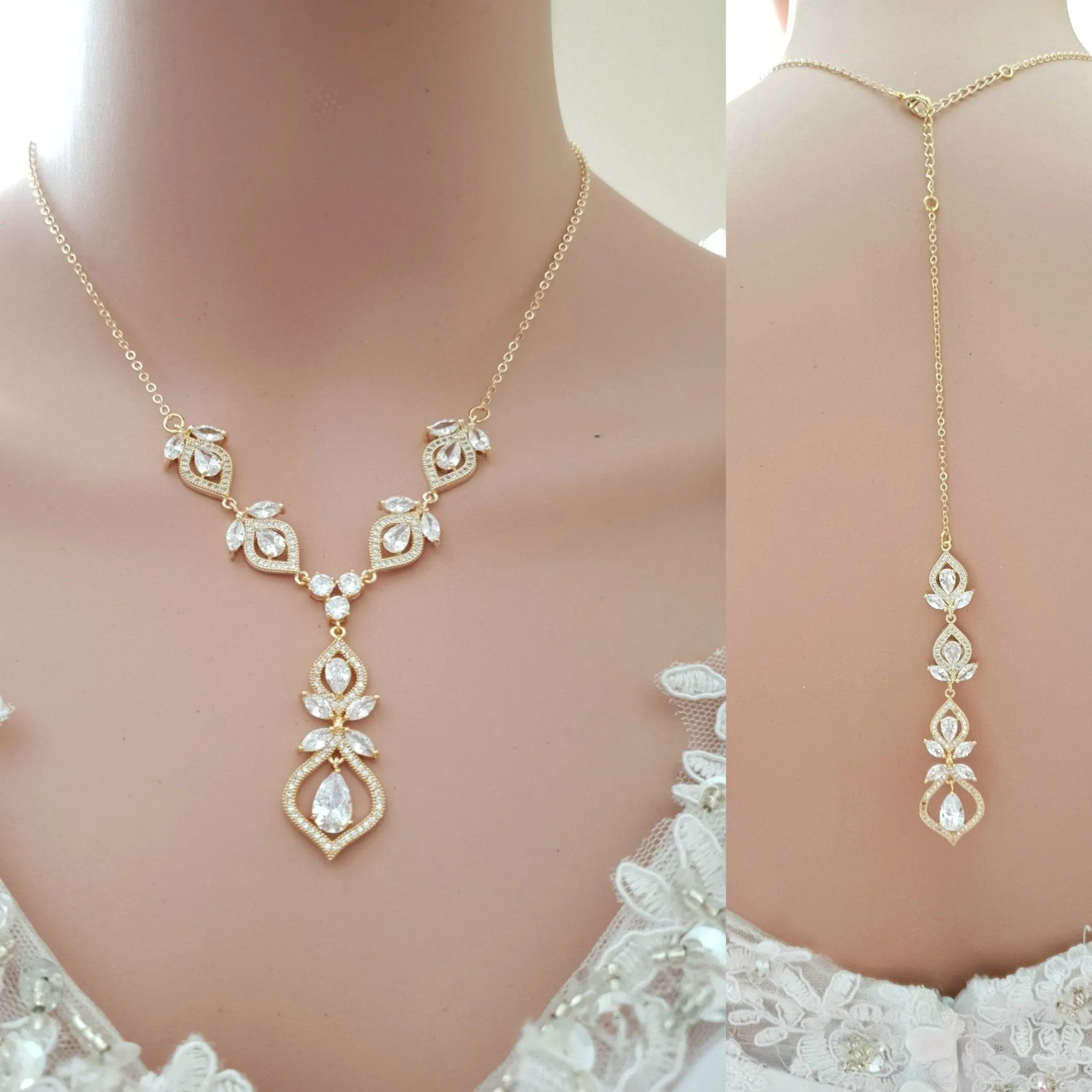 Crystal Gold Wedding Necklace & Back Jewelry-Meghan