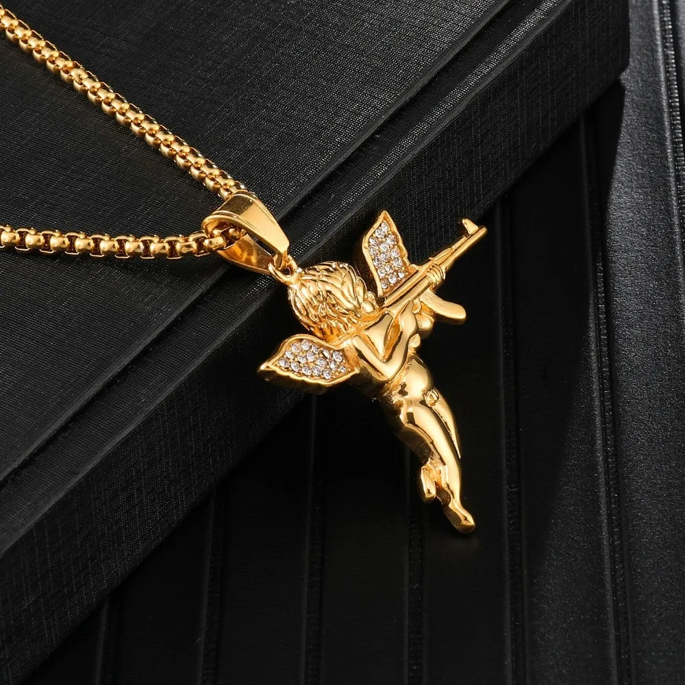 Crystal-Studded Gold-Plated Angel Bling Stainless Steel Hip-Hop Pendant Necklace