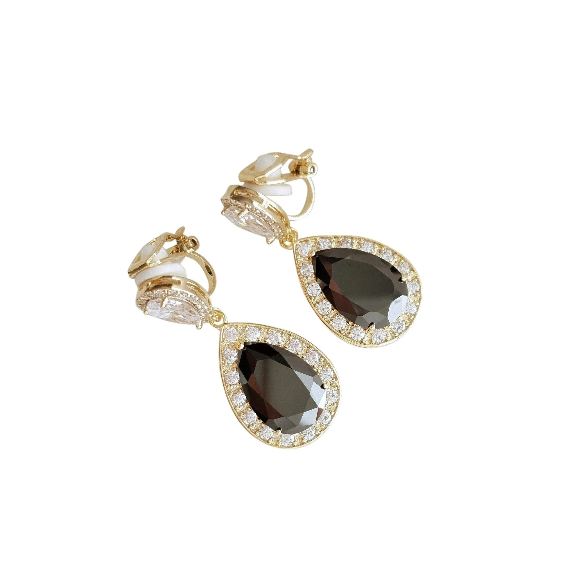 Cubic Zirconia Teardrop Clip On Earrings in Black & Gold- Zoe