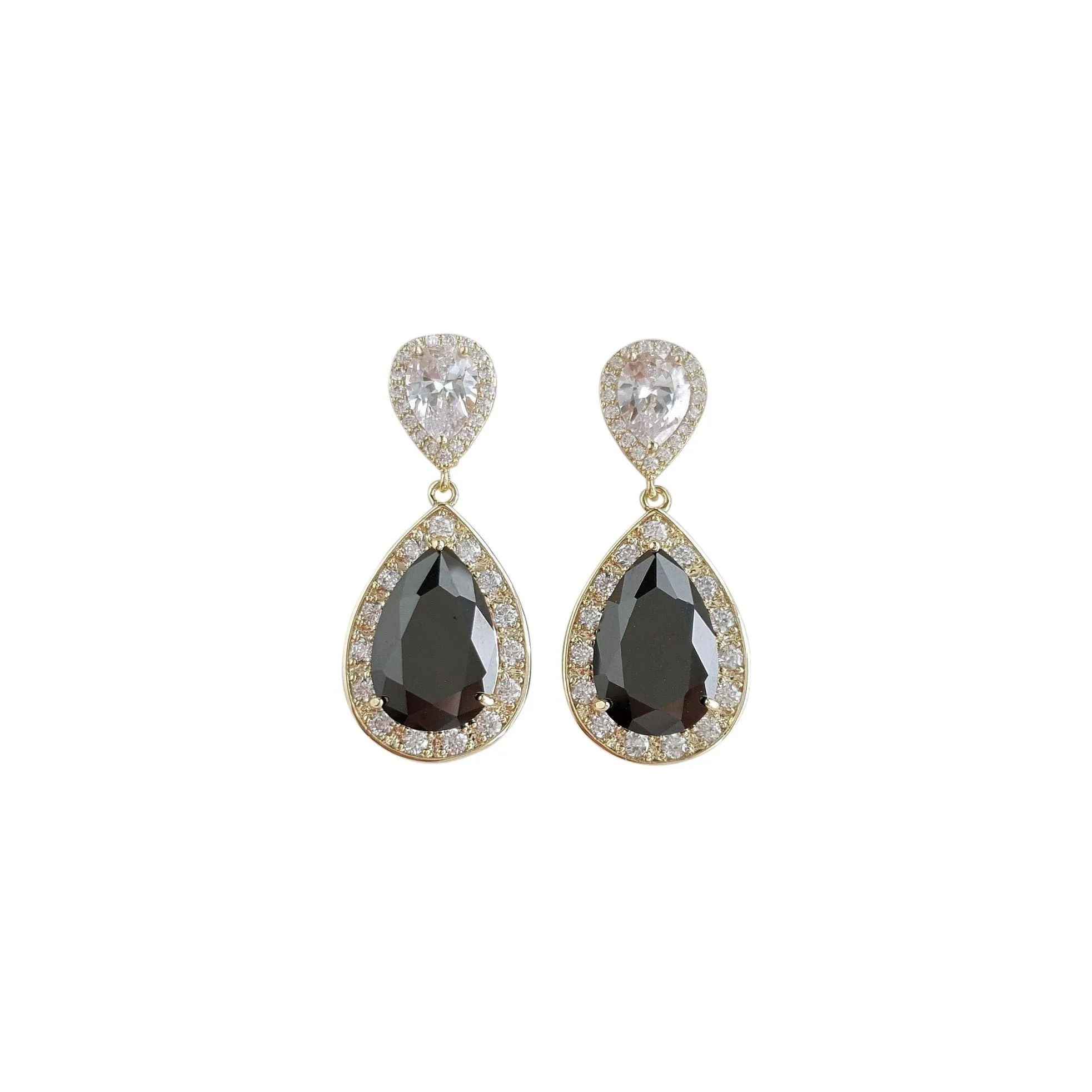 Cubic Zirconia Teardrop Clip On Earrings in Black & Gold- Zoe