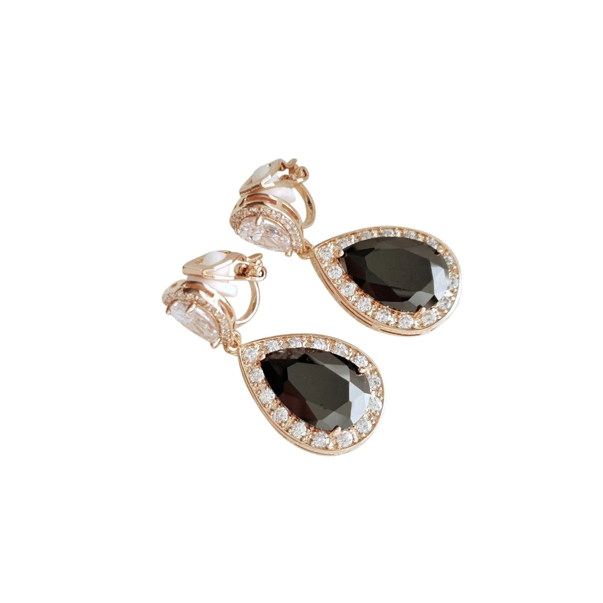 Cubic Zirconia Teardrop Clip On Earrings in Black & Gold- Zoe