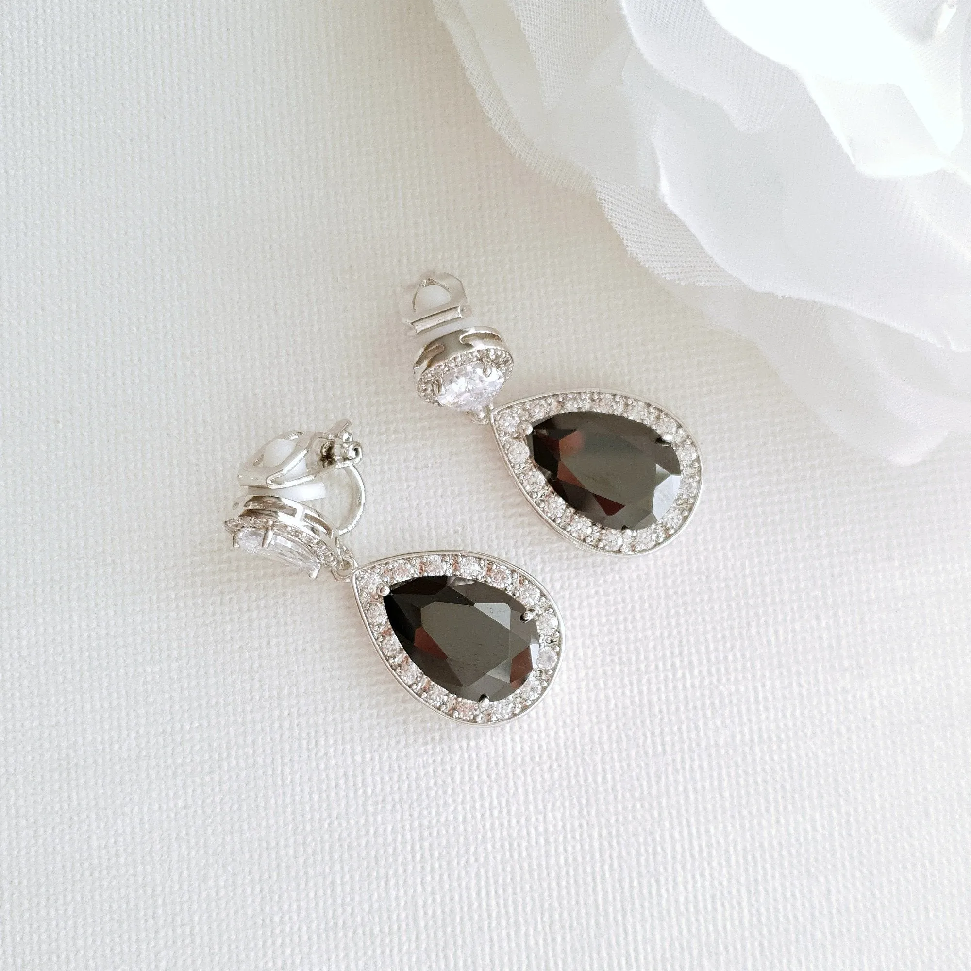 Cubic Zirconia Teardrop Clip On Earrings in Black & Gold- Zoe