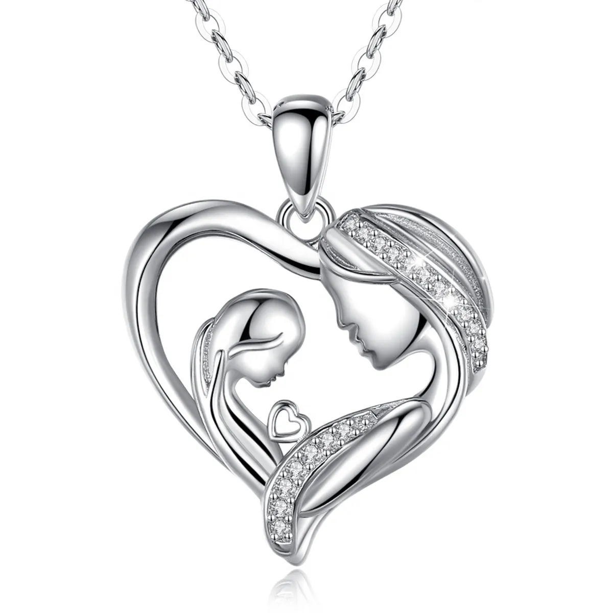 Double Halo Heart Mother & Daughter Crystal Necklace Sterling Silver